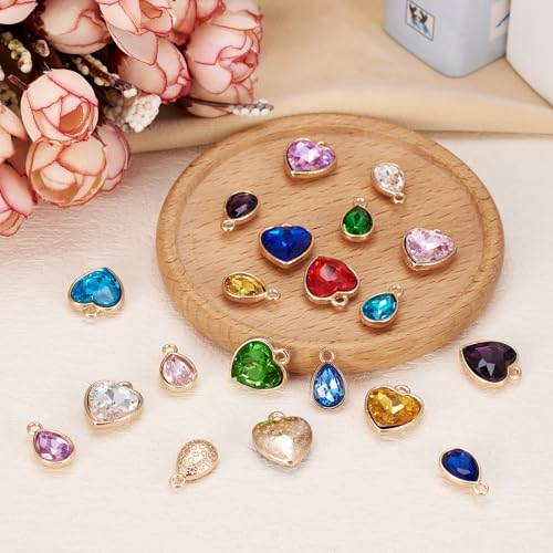 Cheriswelry 40Pcs Faceted Glass Heart Alloy Charms Rhinestone Crystal Teardrop Pendants with Zinc Findings 20 Styles 15-16.5mm for DIY Crafts Necklace Earring Jewelry Making - color: Mixed Color-Heart & Teardrop