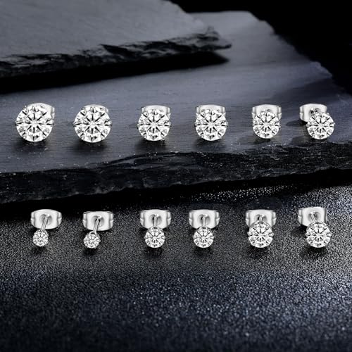 MDFUN 6 Pairs Stud Earrings Sets 3-8MM 18K Gold Plated Round 5A+ Cubic Zirconia Earrings Hypoallergenic CZ 6 Prong Ears Jewelry for Women - color: B-White Gold 3-8MM