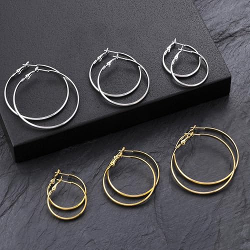 5/12 Pairs Gold Silver Plated Hoop Earrings for Women, Hypoallergenic Stainless Steel Hoops Earrings Set, Lightweight Large Small Hoops Women Earrings Loop Earrings Set - color: 6 Pairs Silver Gold Plated Flat Round Shape Hoop Earrings