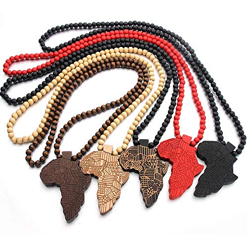 COLORFUL BLING Multicolor 8MM Wooden Bead Chain African Hip-hop Africa Map Pendant Necklace for Men Boys Natural Wood Jewelry - color: style2 red