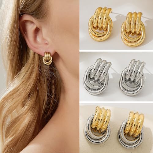 SHERLOVE Chunky Knot Gold Earrings Women Statement Drop Dangle Earrings | 14K Gold Plated Hypoallergenic Lightweight,Trendy Dainty Elegant Cute,Women Gold Jewelry Fashion Accessories Gifts - color: Knot Double Silver C