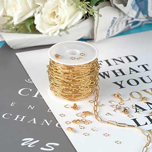 Gold Chain 16.4 Feet 4mm Oval Paperclip Stainless Steel Chain Link Cable Necklace Chains Bulk with Lobster Clasps and Jump Rings for Women Bracelet DIY Jewelry Making - color: Gold