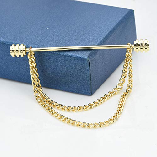 Men's Gold Plated Brass Collar Bar with Double Hanging Chain Tassel Shirt Tie Bar Collar Brooch - color: Gold Ridged Head