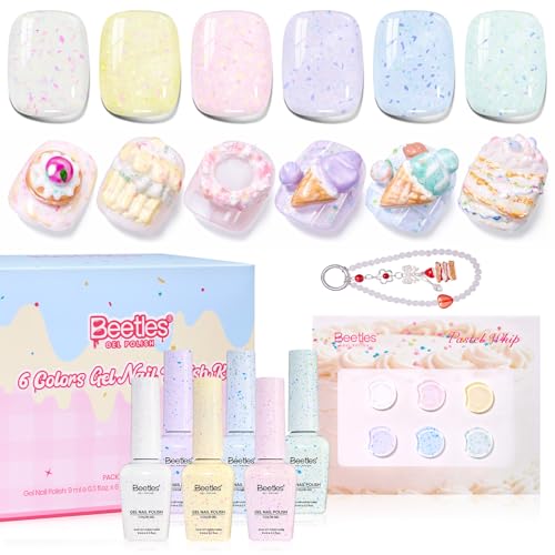 Beetles Pastel Gel Nail Polish Set, 6 Shimmer Colors, UV/LED, 9ml Each | 6 Soft Glitter Shades for Nail Art, With 6 9Ml Color Gels, A Themed Charm Bracelet - color: Easter Pastel Whip