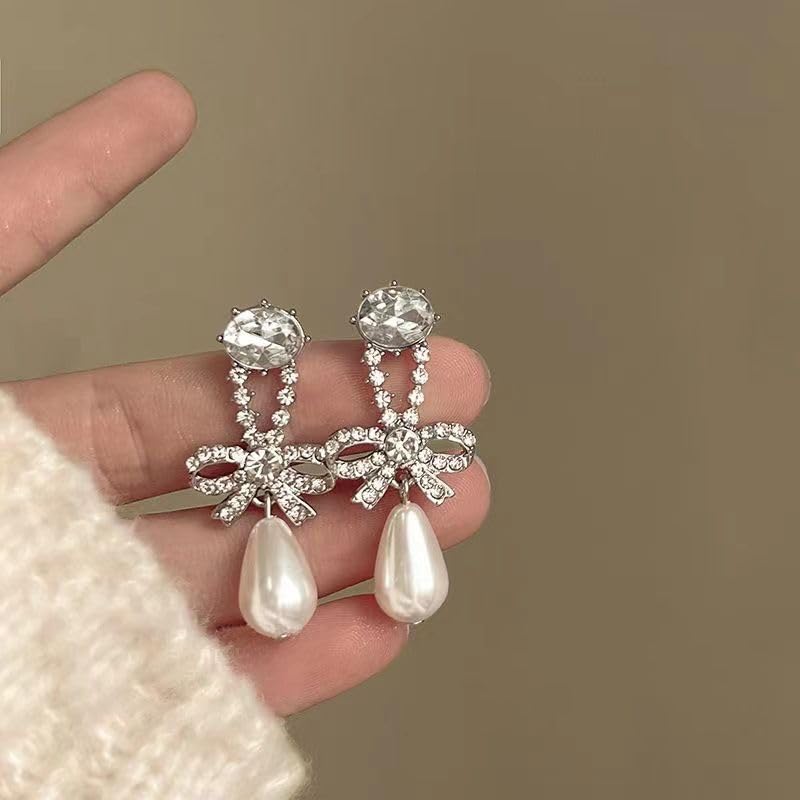 Pearl Bow Earrings for Women Coquette Aesthetic Jewelry Rhinestone Bow Earrings for Bridesmaids Wedding Party Accessories Bridal Costume Accents Bowknot Themed Gifts - color: T: Rhinestone Bow Pearl Earrings