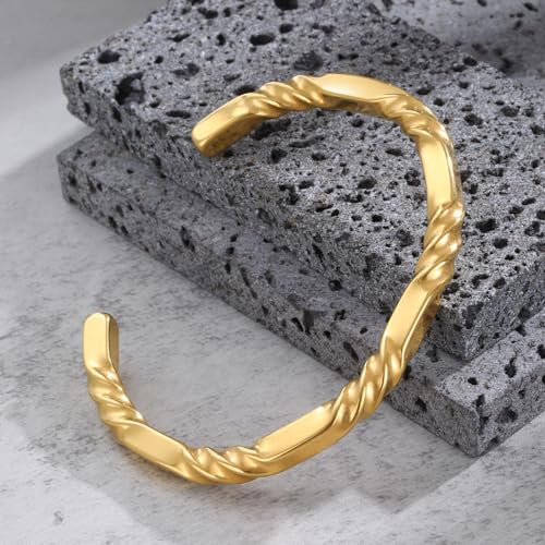 Hisatan Stainless Steel Mens Cuff Bracelet, Minimal Twist Cool Antique Retro/Silver/Black Open Metal Cuff Bangle Bracelets for Men, 65/70mm - color: Gold