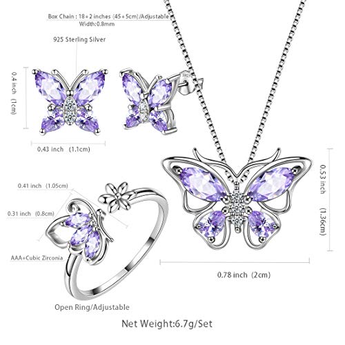 Aurora Tears Butterfly Jewelry,Women 925 Sterling Silver Butterflies Birthstone Pendant Necklace/Earrings/Rings Wedding Gift - color: F.June-set 2