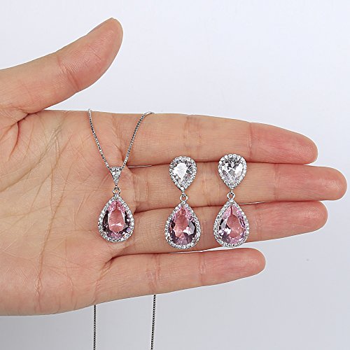 Elegant Jewelry Set for Women Silver Teardrop CZ Drop Earrings and Necklace | Square Teardrop Cubic Zirconia Rhinestone Jewelry Sets Bridal Jewelry Sets for Wedding Bride Bridesmaids Mother of Bride - style: Guardian Angel (Pink)