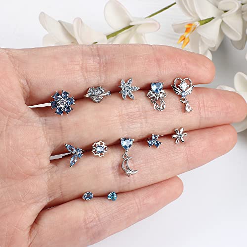Sanfenly 12 PCS 20G Nose Rings Surgical Stainless Steel, L Shaped Nose Studs for Women Men, CZ Heart Butterfly Flower Leaf Moon Dangle Cute Nose Piercings Studs Screw Jewelry Pink/Purple/Blue/Clear - color: Blue