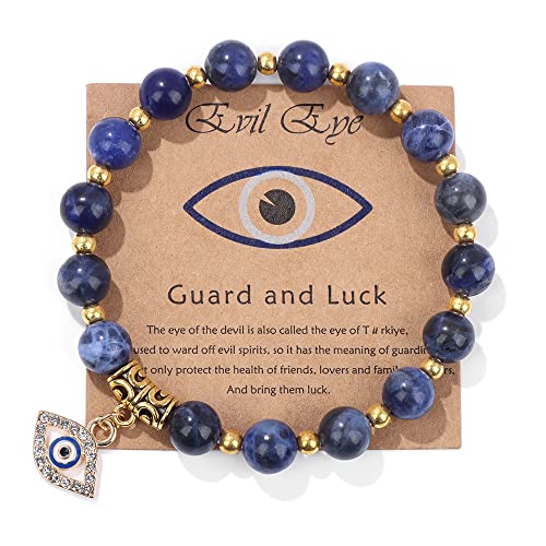 Evil Eye Bracelet for Women Men Natural Stone Beads Handmade Bracelet Inspirational Bracelet with Gift Message Card Kabbalah Protection Good Luck Jewelry Gift - color: Blue