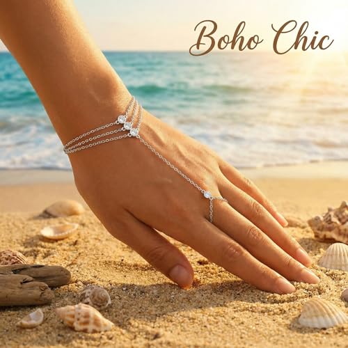 925 Sterling Silver Hand Chain Bracelet for Women | 14k Gold Plated CZ Crystal Heart Starburst Ring Bracelets Hand Chain Diamond Layered Stackable Link Chain Beach Jewelry Gifts - color: Silver
