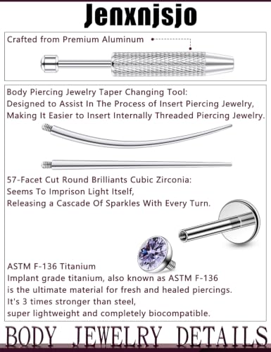 Jenxnjsjo F136 Titanium 20/18/16g Earrings Nose Lip Rings Studs Labret Medusa Tragus Helix Conch Cartilage Piercing Jewelry for Women - color: Purple, size: 16g