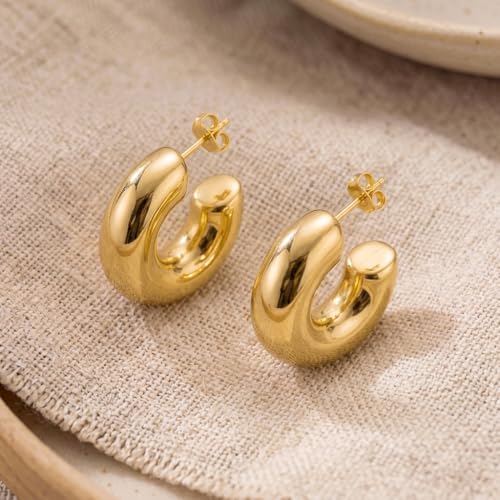 Necocy Chunky Gold Hoop Earrings for Women Non Tarnish, 14k Gold Plated Thick Triple Hoop Earrings Hypoallergenic Trendy Hoops Dainty Jewelry Gifts for Women - style: Chunky Tube C-Hoop