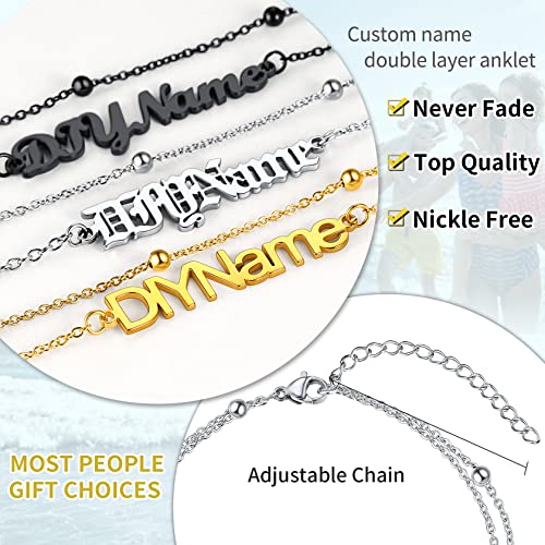 ChainsHouse Double Layer Anklet Bracelet for Women,Adjustable Chain Anklets Stackable Dainty Anklets,Stainless Steel/Gold Plated/Black Ankle Jewelry Gifts - color: A-Silver-Bead Chain