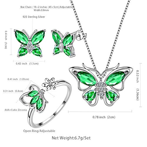 Aurora Tears Butterfly Jewelry,Women 925 Sterling Silver Butterflies Birthstone Pendant Necklace/Earrings/Rings Wedding Gift - color: E.May-set 2