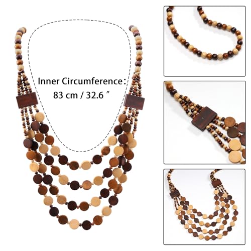 Wood Beads Necklace & Earrings for Women Chunky Multi-Layering Choker Necklace Ear Pendant - color: B