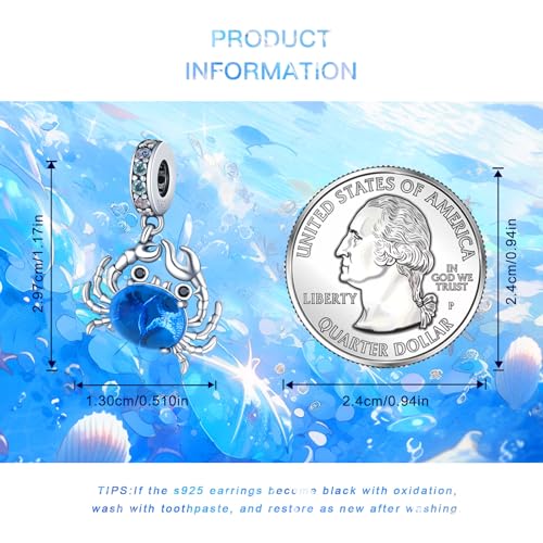 925 Sterling Silver Charms Bead for Bracelets Necklaces, Star Moon Crescent Sun Solar Pendent, Blue Ocean Starfish Shells Turtle Crab Starry Sea Cute Jewelry Birthday Gifts for Women Men - style: Crab