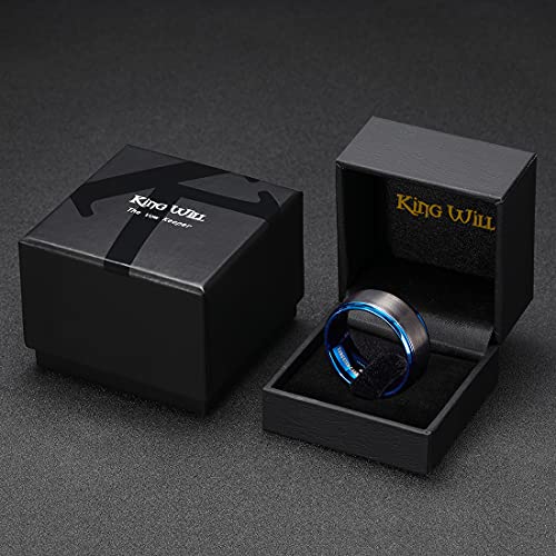 King Will Mens Brushed Wedding Band, Two Tone Matte Step Edges/Pipe Cut, Tungsten Carbide Anniversary Promise Rings Comfort Fit - color: Black&Blue-10mm