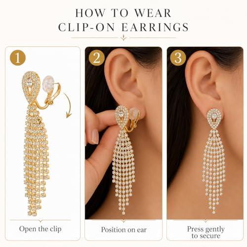 Rhinestone Clip on Earrings for Women Gold/Silver Prom Dresses 2026 Sparkly Chandelier Long Earrings Wedding Guest Jewelry - color: A:Gold Chandelier Clip on