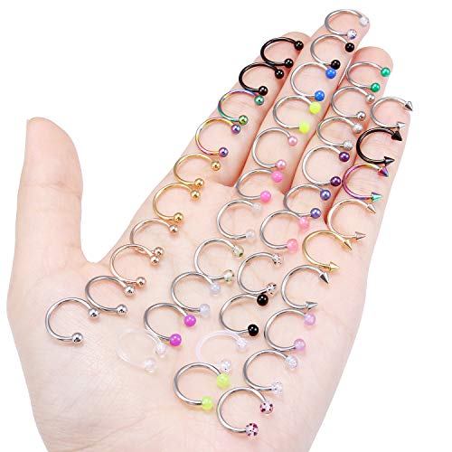 36-40Pcs 16G Surgical Steel Nose Septum Rings Piercing Jewelry Horseshoe Cartilage Helix Tragus Earring Hoop Eyebrow Lip Hoop Retainer for Women Men 8mm 10mm - color: 40pcs