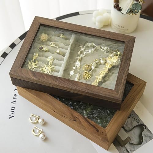 Wooden Jewelry Box with Glass Lid, Multi-Compartment Jewelry Display Case, Ligth Gray Velvet Lining, Walnut Brown - color: Ligth Gray Velvet Lining, Walnut Brown