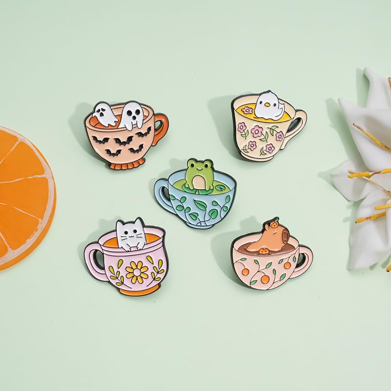 Cartoon Animal Enamel Brooch Set Cute Butterfly Duck Cat Lapel Pins for Backpacks Jacket Decoration Gifts for Friends - style: Animal Cup