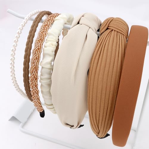 7 Pack Headband for Women Girls Cute Headbands for Women Cute Pearl Beads Solid Knotted Diademas para Mujer de Moda Cute Hair Accessories - color: Neutral
