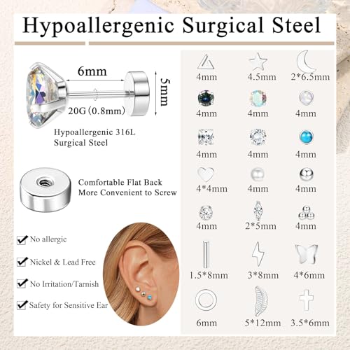 Jstyle 21Pairs Hypoallergenic Flat Back Stud Earrings for Women, Tiny Studs | Surgical Stainless Steel Flatback Earrings, CZ Butterfly Heart Small Stud Earrings Set, Screw Back Cartilage Piercing Jewelry - color: Silver
