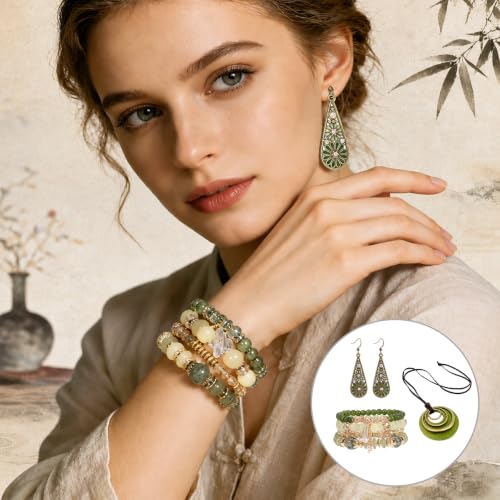 3 Pcs Boho Jewelry for Women Set, Disc Necklace Crystal Teardrop Earrings Beaded Bracelet, Bohemian Style Jade Jewelry Fit Warm-Weather Beach Vacation Accessories