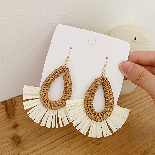 Bohemia Tassel Earrings Statement Handmade Dangle Ethnic Fringe Earrings Bamboo Weaving Geometric Square Sector Gifts for Women - color: waterdrop raffia