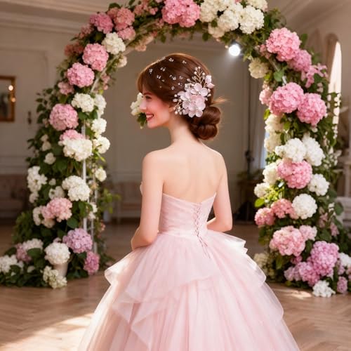 Luxury Pink Pearl Flower Hair Clip for Women,Glitter Petal Hairpin with Rhinestones & Pearl Decor,Wedding Headpiece for Bride, Floral Hair Accessories for Birthday Prom Party Gifts