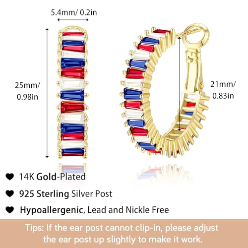 Trendy 14K Gold Plated Hoop Earrings for Women, Chunky Gold/Silver Earrings for Women Cubic Zirconia Baguette Hoop Earrings Heart Hoops Lightweight Hypoallergenic Jewelry,25mm/35mm/40mm/50mm - color: 01 Gold Patriotic Hoops 25mm