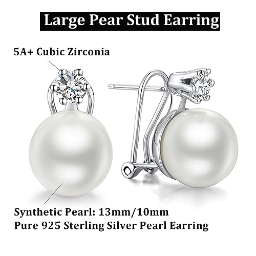 Han han Pearl Stud Earrings for Women 925 Sterling Silver, Pearl Jewelry Gift for Women 8MM-13MM - style: A- Large Pearl Studs 13mm