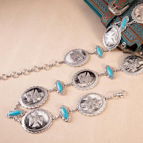 Montana West Rustic Couture's Turquoise Western Concho Chain Belt for Women | Large Western Cowgirl Metal Adjustable Boho Body Chain Belt for Dresses Jeans Country Concert - color: Brilliant Turquoise