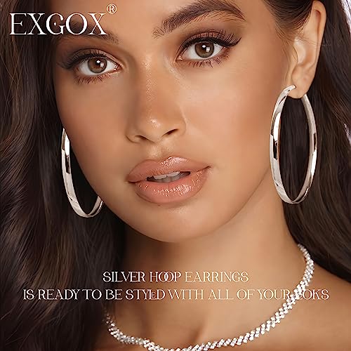 EXGOX 5mm Wide Gold Hoop Earrings for Women,Sterling Silver Hoop Earrings Large Silver Hoop Earrings Hypoallergenic Lightweight 14K Real Gold Plated Big Hoop Earrings for Women 30/40/50/60/70mm - color: Silver Color/50MM