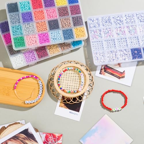 Goldwise Friendship Bracelet Kit 3 Boxes-8706 Pcs 48 Colors Bracelet Making Kits with Glass Seed, 5 Styles Letter and Number Beads with Charms, Gift Party - color: 48 Colors - 3 Boxes