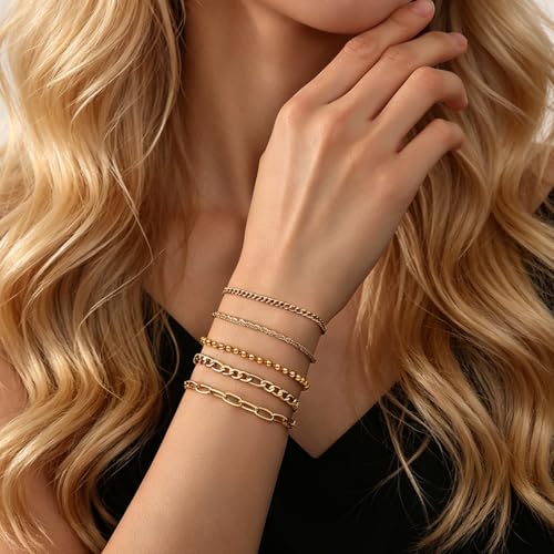 Gold Bracelet for Women Waterproof, 14K Gold Plated Stackable Link Bracelet Set Adjustable Paperclip Chain Cuban Rope Layered Jewelry Sets for Womens Mom Mother's Day Fashion Accessories