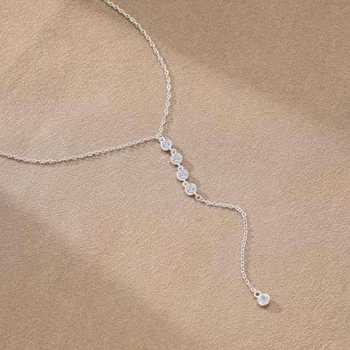 Foxgirl Lariat Gold Necklace for Women, Dainty Long Necklace 14k Gold Plated/Silver Y-Shaped Pendant Necklace Trendy Layered Cz Beaded Chain Drop Necklaces Simple Gold Jewelry For Women Gift - color: Y CZ Lariat Necklace-SL