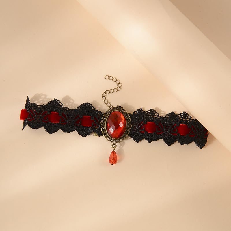 CSIYANJRY99 Gothic Choker Necklace for Women Halloween Red Crystal Vampire Choker Steampunk Lace Choker Witch Costume Accessories - style: Red