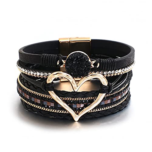 Women Heart Multi-Layer Leather Wrap Bracelet Stackable Wristband Braided Cuff Handmade Bangle Bracelet with Buckle Jewelry - color: Black