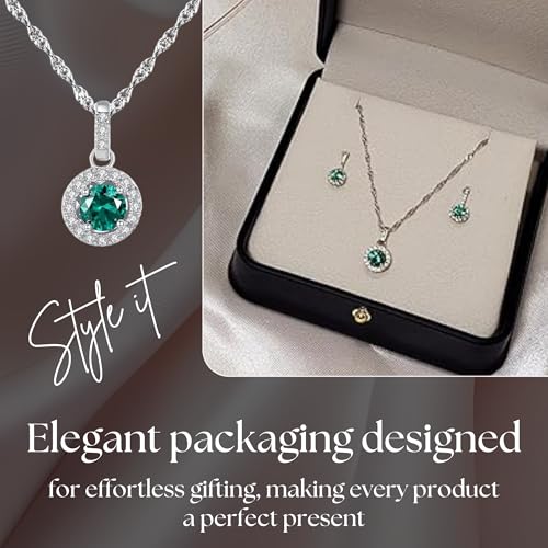 925 Sterling Silver Wedding Jewelry Set for Women - Sapphire Tone Gemstone Pendant Necklace and Stud Earrings with Cubic Zirconia Halo Design - Premium Rhodium Plated Finish - color: Green
