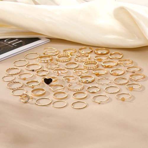 Golden Knuckle Rings Set for Women, 14k Golden Plated Open Stacking Knuckle Midi Rings Dainty Cubic Zirconia Crystal Simple Hollow Cute Rings Pack Jewelry Gifte - color: Golden 49PCS