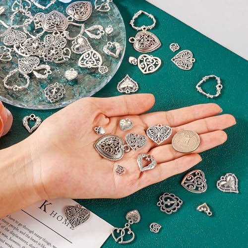 Elecrelive Crystal Heart Charms Rhinestone Heart Pendants Valentine Charms for Necklace Bracelet Earring Wedding Jewelry - color: Matte Silver, 120pcs