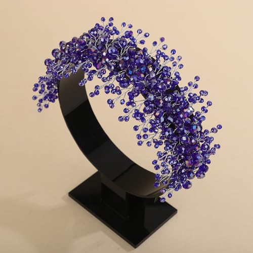Rhinestones Beads Hair Crown for Wedding Brides Women Tiara Jewelry Handmade Sparkle Hair Piece - color: Blue