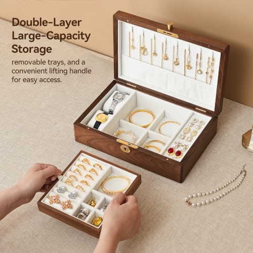 Black Walnut Wooden Lockable Jewelry Box, 2 Layer Large Wood Jewelry Organizer with Removable Tray for Necklace Ring Earrings Watch Bracelet, Handcrafted Velvet Lined Case Gifts for Mom Women Girls - color: 2 Layer Large Lockable