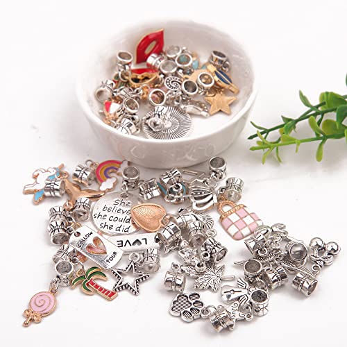 100 Pieces Bracelet Dangle Charms European Spacer Beads Large Hole Pendant Mixed Gold Plated Enamel Tibetan Antique Silver Bracelet Charms for DIY Jewery Making