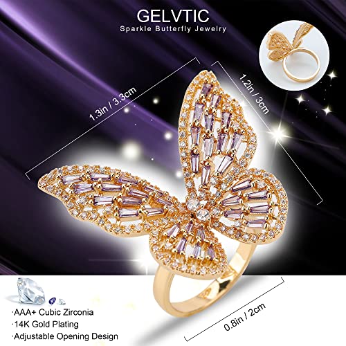 Butterfly Rings for Women Adjustable Golden Cocktail Ring Sparkly Stones Statement Silver Bow Open Wrap Bow Jewelry Bridesmaids Wedding Valentine’s Day Gift Lover Mother - color: JZ03-Gold Purple