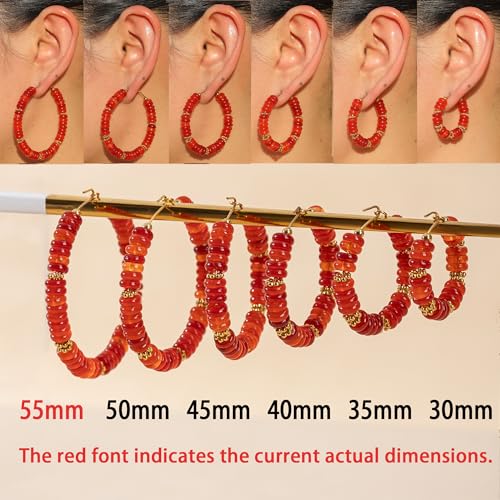 Wellike Beaded Hoop Earrings for Women Natural Stone Pink Gold Huggie Earrings Hypoallergenic Dainty Waterproof Trendy Jewelry - color: Red, size: 55mm