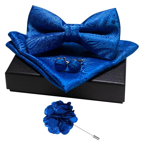 JEMYGINS Mens Paisley Bow Tie and Lapel Pin Necktie Pocket Square and Tie Clip with Sets for Business Casual 4PCS - color: Royal Blue