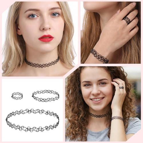 18 Pcs 90s Tattoo Choker Necklace, Bracelet & Ring Set Stretch Gothic Black Lace Vampire Accessories Retro Grunge Aesthetic Tattoo Effect Jewelry Accessories for Women - color: Black